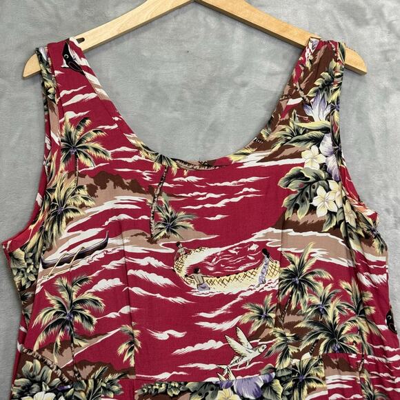 Hilo Hattie Dress Womens Large Red Fujiette Print Tropical Midi Pleated Pockets - Picture 3 of 8